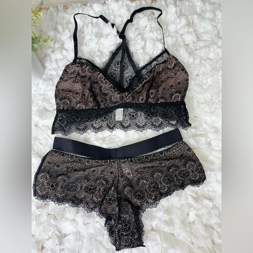 Black Nude Lace Lingerie Set | Bralette &‎ Shorts | M/L Sexy Nightwear
